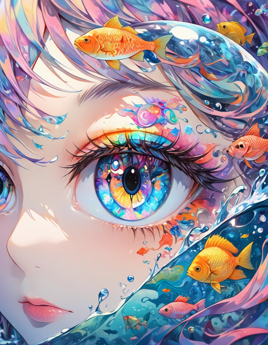 anime painting of a woman's eye with a fish in the center, highly detailed digital painting, fish lense, surreal + highly detailed, moon light fish eye illustrator, dreamy psychedelic anime, inspired by Cyril Rolando, inspired by NEVERCREW, highly detailed water colour 8 k, highly detailed water colour 8k, fish lens, fish eye, digital painting highly detailed