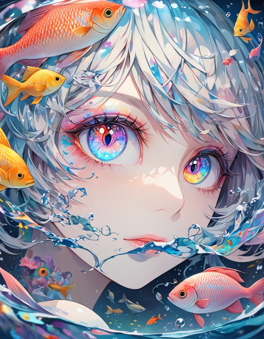 anime painting of a woman's eye with a fish in the center, highly detailed digital painting, fish lense, surreal + highly detailed, moon light fish eye illustrator, dreamy psychedelic anime, inspired by Cyril Rolando, inspired by NEVERCREW, highly detailed water colour 8 k, highly detailed water colour 8k, fish lens, fish eye, digital painting highly detailed