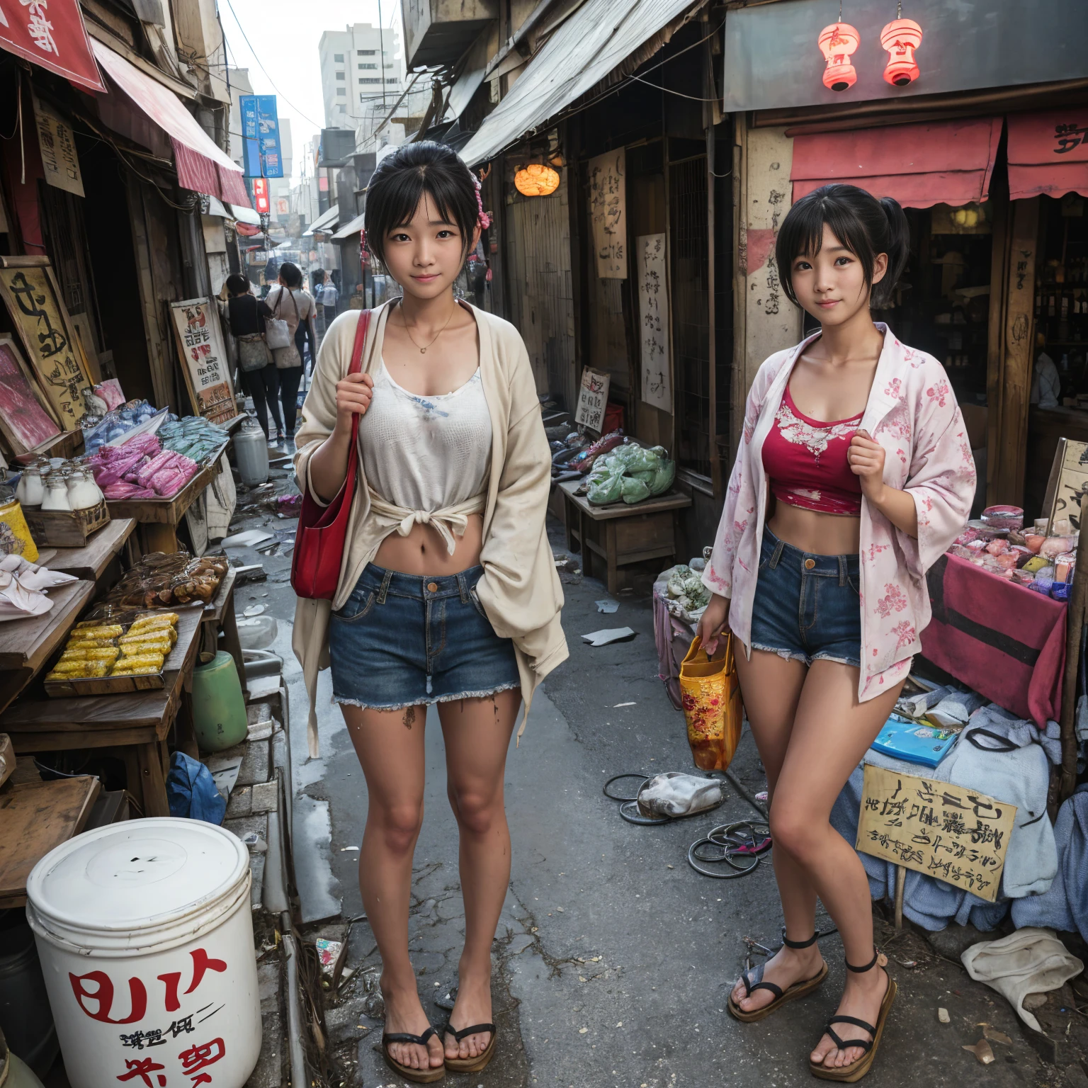 ((masterpiece、Highest quality))、Beautiful girls gather.、Three girls in summer clothes、clothes、(Showa Retro:1.2)、(Detailed and cute face:1.3)、(Poor conditions、Japan's poor neighborhoods、Dim and unsanitary、Standing Bar、みんなで楽しくdiet、Crumbling shopping mall)、屋台のdiet店、stage、sewage、Dirty shop、street vendors、Unsanitary and abandoned city、smile、diet、Poor person々