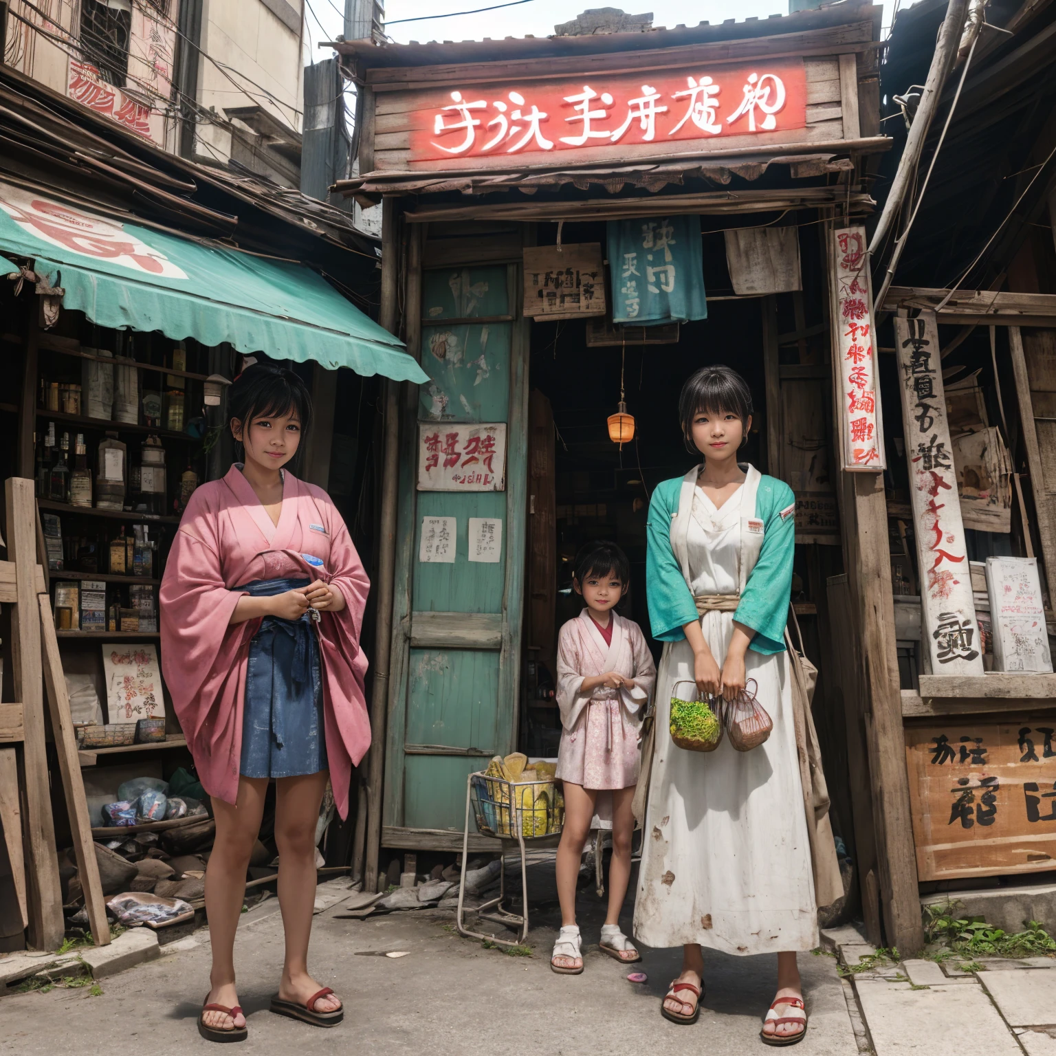 ((masterpiece、Highest quality))、Beautiful girls gather.、Three girls in summer clothes、clothes、(Showa Retro:1.2)、(Detailed and cute face:1.3)、(Poor conditions、Japan's poor neighborhoods、Dim and unsanitary、Standing Bar、みんなで楽しくdiet、Crumbling shopping mall)、屋台のdiet店、stage、sewage、Dirty shop、street vendors、Unsanitary and abandoned city、smile、diet、Poor person々