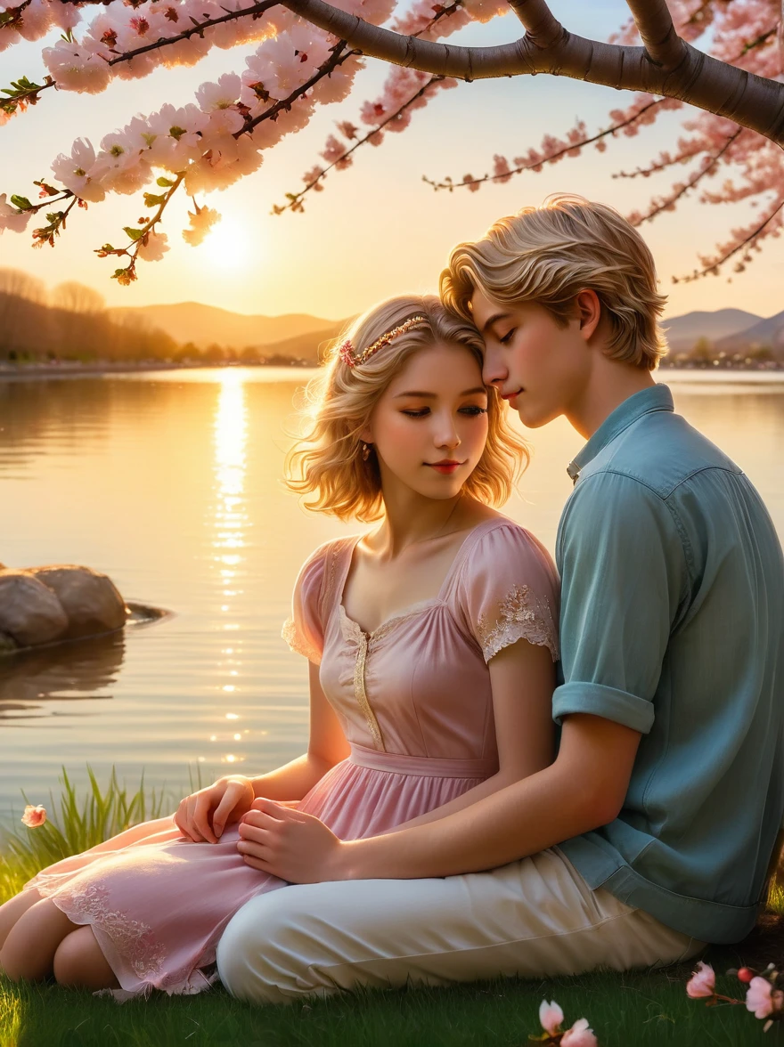 Create an image of two agers sharing a romantic moment, not involving physical contact. The girl has short, wavy hair and the boy has blond hair with green eyes. They are sitting side by side, hands clasped together, under a beautiful cherry blossom tree in spring, petals gently falling around them. The setting sun in the distant horizon casting a soft golden glow to the scene.