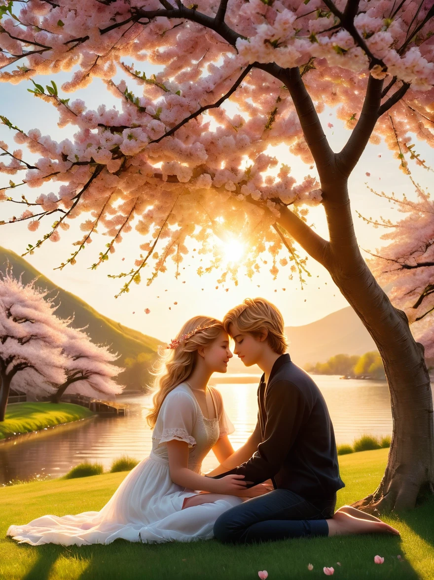 Create an image of two teenagers sharing a romantic moment, not involving physical contact. The girl has short, wavy hair and the boy has blond hair with green eyes. They are sitting side by side, hands clasped together, under a beautiful cherry blossom tree in spring, petals gently falling around them. The setting sun in the distant horizon casting a soft golden glow to the scene.