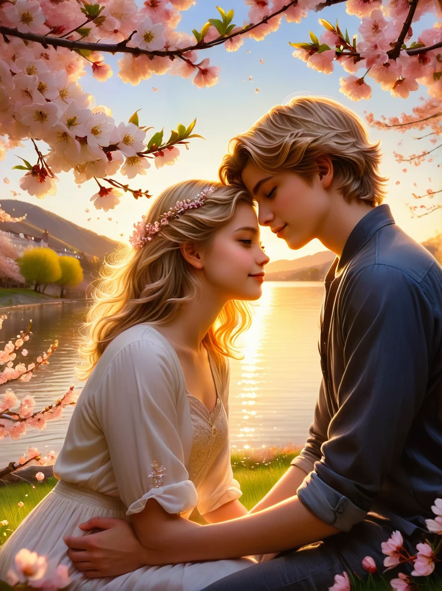 Create an image of two teenagers sharing a romantic moment, not involving physical contact. The girl has short, wavy hair and the boy has blond hair with green eyes. They are sitting side by side, hands clasped together, under a beautiful cherry blossom tree in spring, petals gently falling around them. The setting sun in the distant horizon casting a soft golden glow to the scene.