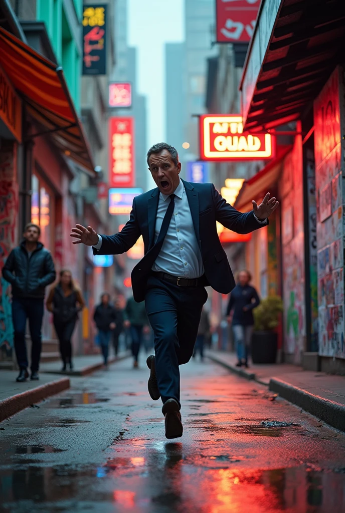 Colorful street full of job flyers with a Recruiter running because he is being chased by the police
