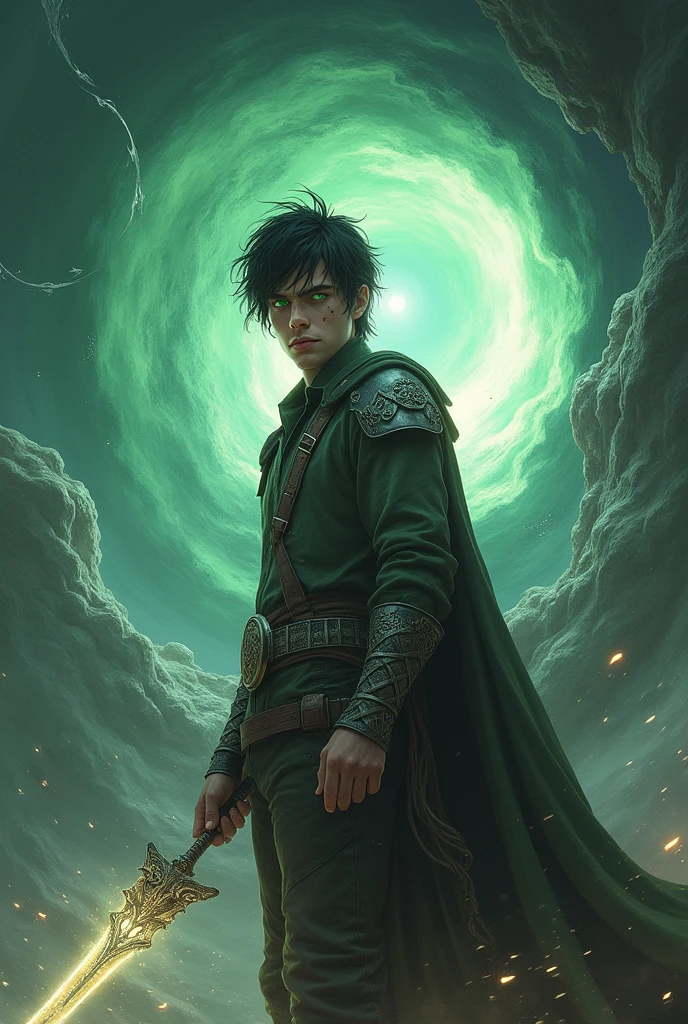 (photorealism:1.2), Background: The cover features a dramatic, fantasy landscape of a world shrouded in illusion. The backdrop includes a large, swirling vortex or veil, symbolizing the illusionary nature of the world. The landscape is a mix of mystical forests, ancient ruins, and shadowy mountains, with a faint, otherworldly glow permeating the scene.Foreground: In the foreground, the central figure is Riven Kael, depicted in a dynamic pose. He is dressed in rugged, battle-worn attire, reflecting his journey and struggles. His green eyes are intense, and his raven-black hair is slightly tousled, adding to his determined appearance.Details:Riven is shown wielding a prominent weapon, such as a glowing sword or staff, symbolizing his quest for power and vengeance. The weapon should have intricate designs and a radiant aura, emphasizing its significance.Surrounding Riven are subtle, ethereal elements like floating fragments of light, mystical runes, or ghostly figures, representing the illusion and magical aspects of the world.Color Scheme: The color palette includes deep, rich tones such as emerald green, midnight blue, and dark purple, contrasted with highlights of silver and gold. These colors should evoke a sense of mystery, magic, and danger.Text:The title, “Veil of Illusion: The Awakening,” is prominently displayed at the top or center of the cover in an elegant, fantasy-style font. The letters might have a glowing or metallic effect to stand out against the background.At the bottom or in a corner, include the author’s name in a smaller but matching font. You might also add a tagline or subtitle that hints at the novel’s themes, such as “Betrayal, power, and revenge in a world of illusions.”Overall Mood: The cover should convey a sense of epic fantasy and high stakes, with a focus on the themes of illusion, power, and the protagonist’s journey. The imagery should intrigue and captivate potential readers, drawing them into the mysterious and enchanting world of th
