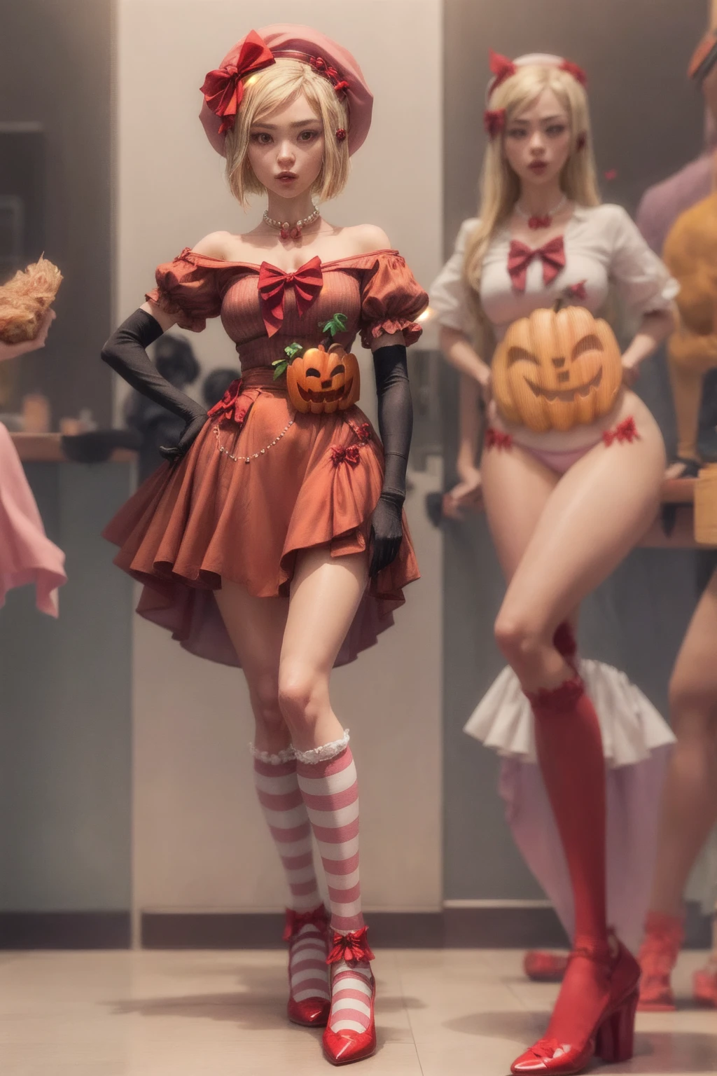 (masterpiece),(best quality), lambdadelta, dress, shoes bow, red shoes, striped stockings, red bow, pink hat, pumpkin brooch, necklace, gloves, pearl,, looking at the viewer, ramen, Holding chopsticks,eating , chopsticks, perfect anatomy, perfect legs, perfect body, professional work of art