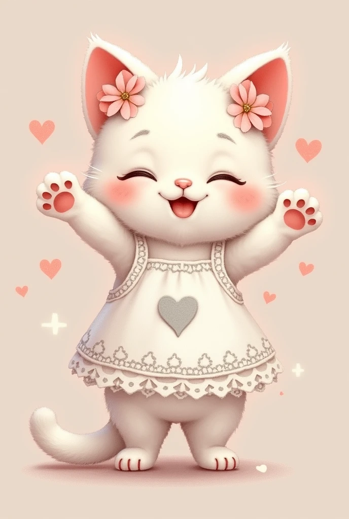 The slender white female cat is very cute., Pink flowers on her ears, Stand and wave, A grey heart mark on her stomach, Lace apron from the waist down, Gray tail, Fluffy effect in pastel colors, Glitter effect