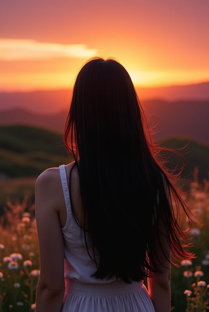 young woman、Long Black Hair、Backward view、Beautiful background