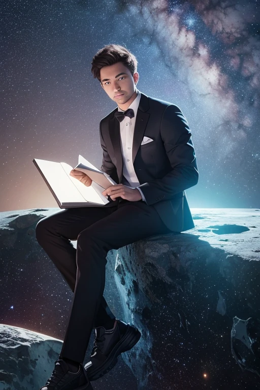 Drawing a young programmer, Sitting on a floating research platform in the middle of an asteroid belt. He is studying using a notebook, Surrounded by several asteroids that emit a fiery aura. Dramatic light from distant stars and planets illuminates the scene, Cast a deep shadow on the suit. Young people seem confident and determined, Gaze with wonder and reverence at the vast and mysterious universe,Facial hair,