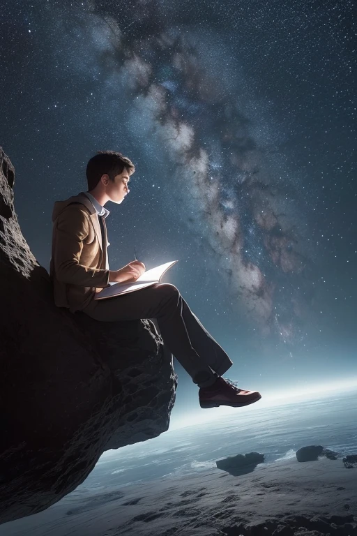 Drawing a young programmer, Sitting on a floating research platform in the middle of an asteroid belt. He is studying using a notebook, Surrounded by several asteroids that emit a fiery aura. Dramatic light from distant stars and planets illuminates the scene, Cast a deep shadow on the suit. Young people seem confident and determined, Gaze with wonder and reverence at the vast and mysterious universe,Facial hair,