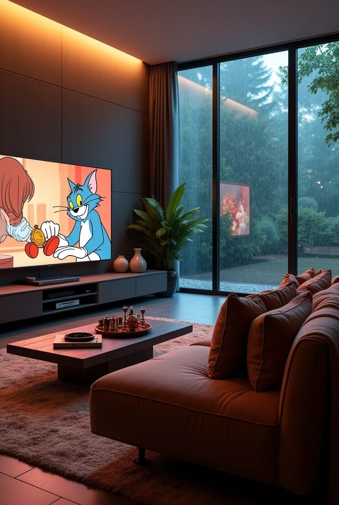 Picture has taken from the modren living room,
Modren living room has sofa tv on with tom and jerry center table watch and other necessary things, it has a big glass window and outsite its raining make it more beautiful 