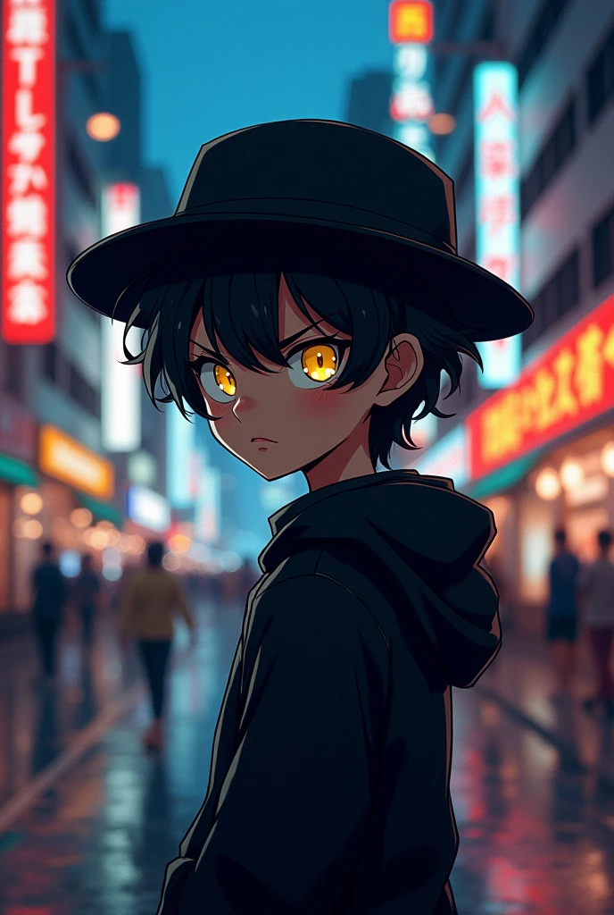 Black sleeved boy, intimidating yellow eyes, wear a hat on the side, your hair is black and curly short, your skin is tanned brown. (アニメ)