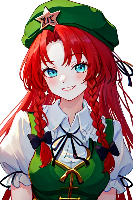 best quality, masterpiece, highres, solo, {hong_meiling_touhou:1.15}, braid, long_hair, red_hair, twin_braids, star_\(symbol\), hat, hat_ornament, star_hat_ornament, beret, smile, bow, bangs, blue_eyes, breasts, hair_bow, ribbon, green_headwear, green_eyes, 1girl, black_ribbon, looking_at_viewer, puffy_short_sleeves, puffy_sleeves, shirt, simple_background, vest, white_background, white_shirt, green_vest, short_sleeves, upper_body, neck_ribbon, 