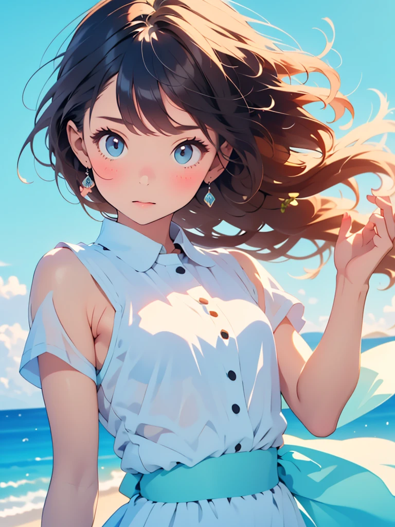 Cute girl drawn in pastel colors, Summer cloth around her, Dancing in the Wind, High quality drawings.