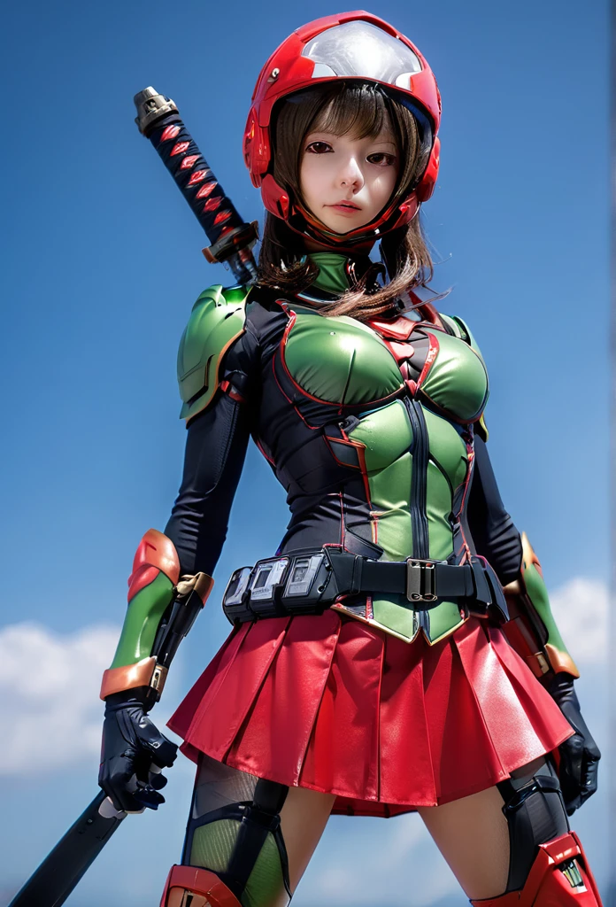 Wearing a revealing combat suit、Female Kamen Rider、miniskirt、Red big eye helmet、Combat pose