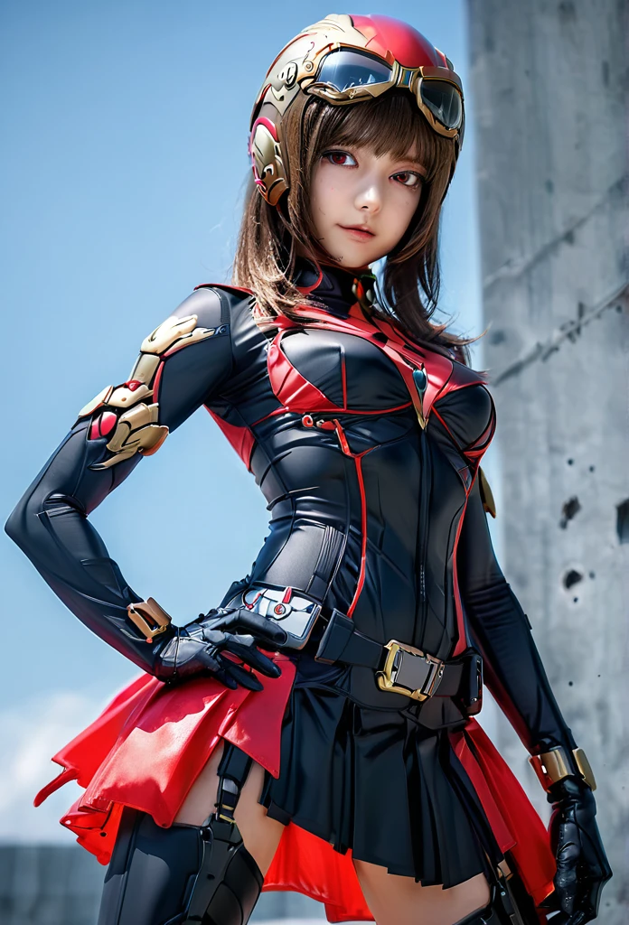 Wearing a revealing combat suit、Female Kamen Rider、miniskirt、Red big eye helmet、Combat pose