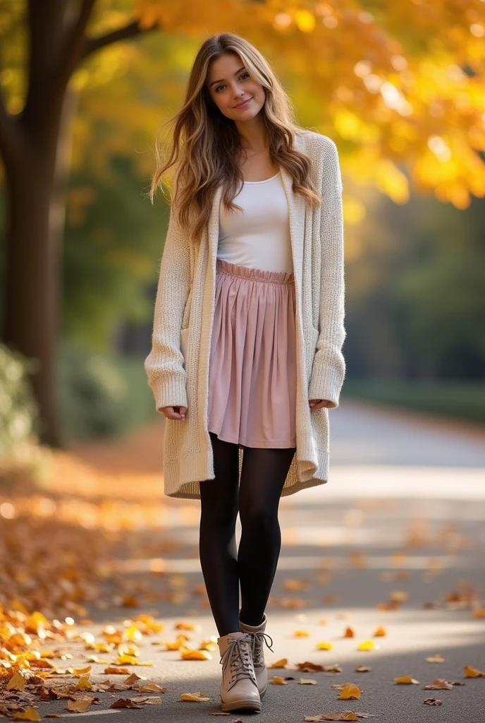 「She wore a large cream-colored cardigan that reached just below her hips.、Cute and stylish young, Paired with a pale pink pleated skirt that reaches down to the knees.. The cardigan is soft, Rough texture, Slightly drooping from the shoulders, Over a simple fitted top. She completed the look with dark tights and neutral lace-up ankle boots.。, Add some autumn charm. She is standing in a relaxed pose, put one foot slightly forward, Showing off the flow of the skirt and the fit of the boots. Background、Fallen leaves and trees scattered on the ground々A pleasant autumn park scene with warm sunlight filtering through the leaves.。, create software, A dream-like atmosphere、Increases the warmth and comfort of your outfit.”