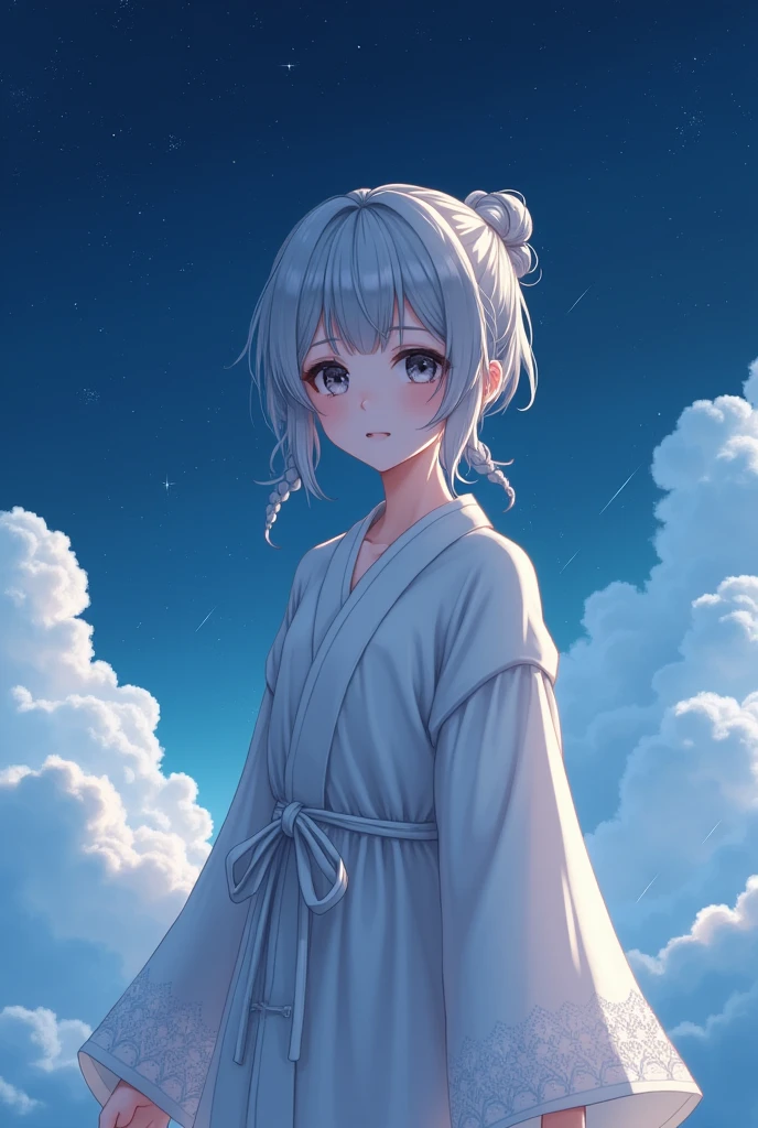 (Beautiful night sky), (Stars), Meteor Showers, Beyond the clouds,Wide Angle, Stunning clouds, 1 Girl, Solitary ,(young), Facial highlights, Upper Body, Delicate face, Tear mole, White skin, Silver Hair, Ponytail, Braided hair, Looking at the audience, big eyes, silk robe, (Hollow pattern, White, silk), earrings, Small Breasts, slim, VIP room, Professional lighting, Photon Mapping, Radiosity, Physically Based Rendering,(best quality, masterpiece:1.2), Ultra-high resolution, Practical, forward lighting, Intricate details, Exquisite details and textures,