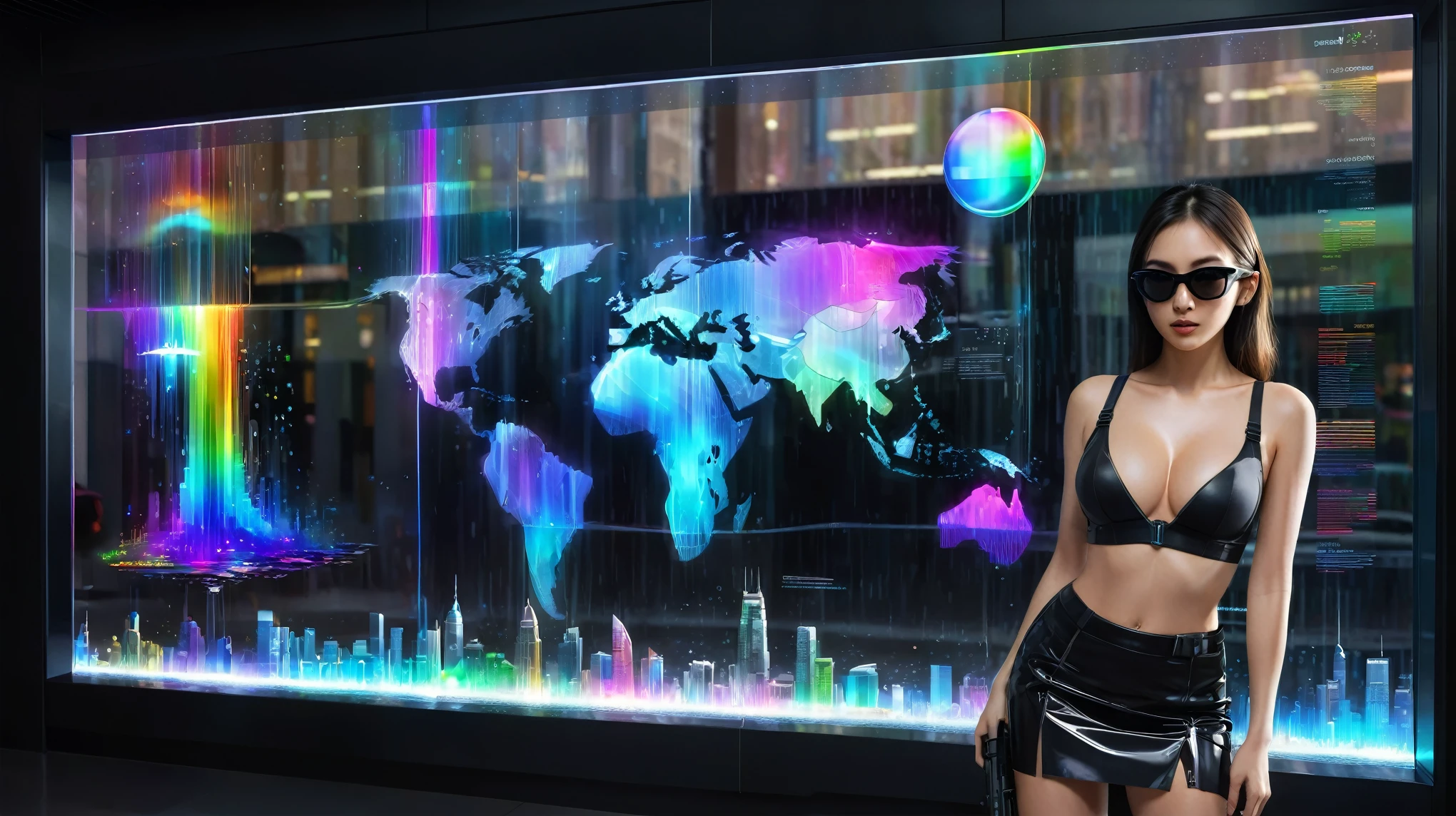 A futuristic cityscapes with colorful all-glass towering skyscrapers, sleek aerodynamic vehicles speeding through the air, rainbow colors waterfalls. High-resolution OLED GUI interfaces in the building, The windows are filled with transparent data visualization infographics that show it all, from weather patterns to traffic flow, Matrix cascading code. Colors are saturated and vibrant. At night, (1girl, solo), photo realistic, medium-breast:1.3 slim body, cleavage, sling top, miniskirt, (matrix style black sunglasses, holding a short gun), half-body thigh level medium shot, cinematic lighting, ray tracing.