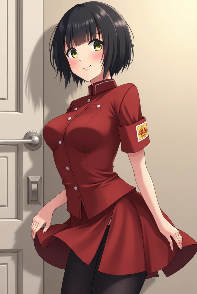 Anime, Short black hair with bangs, Big Tights, Narrow waist, Wearing a Soviet uniform,Pull up your skirt,open crotch black tights,pussy,Shaved pussy