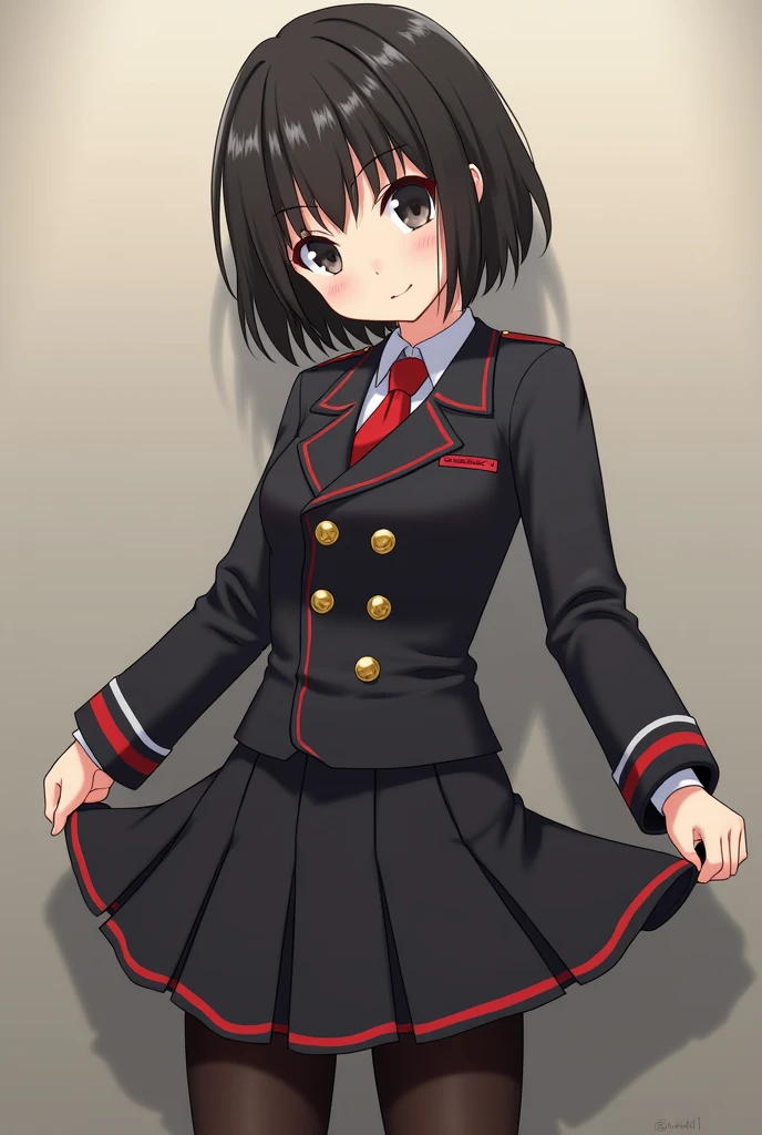 Anime, Short black hair with bangs, Big Tights, Narrow waist, Wearing a Soviet uniform,Pull up your skirt,open crotch black tights,pussy,Shaved pussy