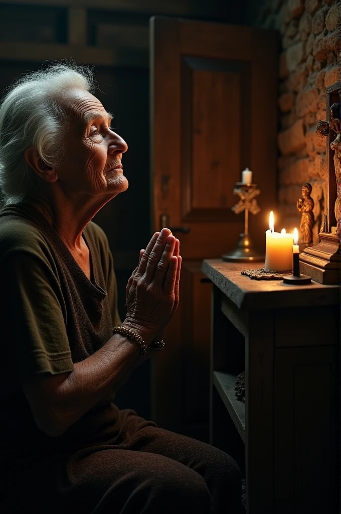 The Old Woman’s Final Prayer**: The old woman offers a final, desperate prayer to God, pleading to save her daughter and take her instead. Tears fill her eyes, and her face is a mix of sorrow, resignation, and deep devotion.