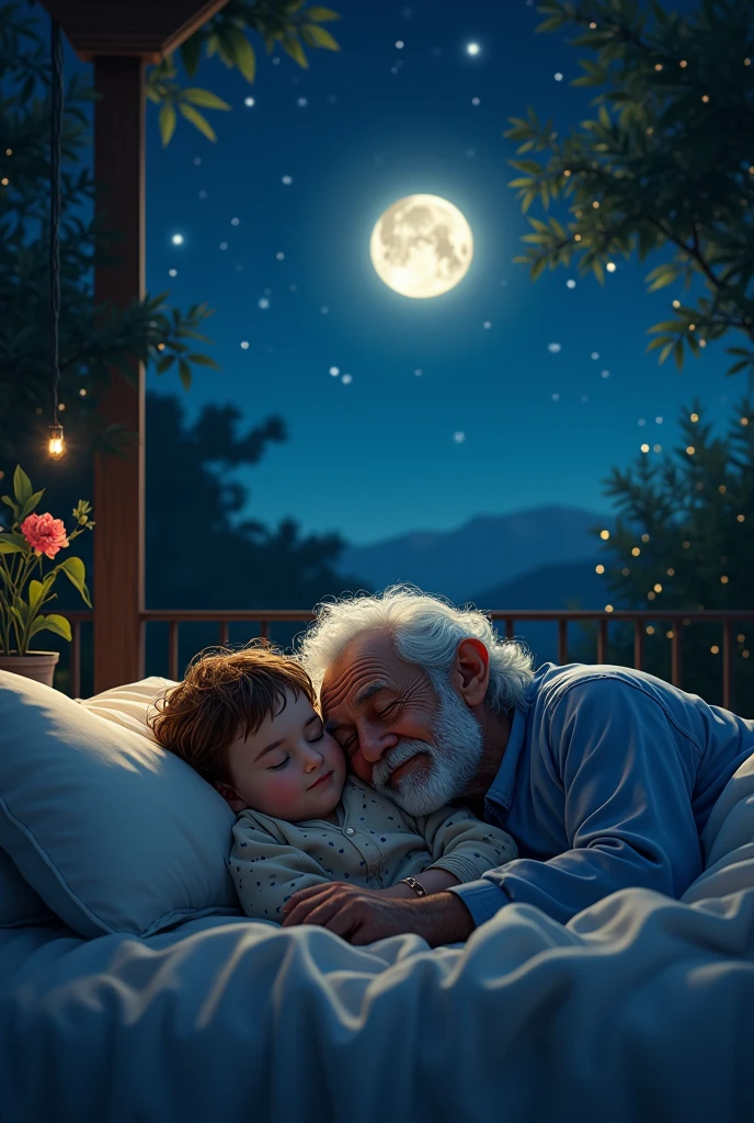 A boy sleeping with their grandfather on terrace midnight 