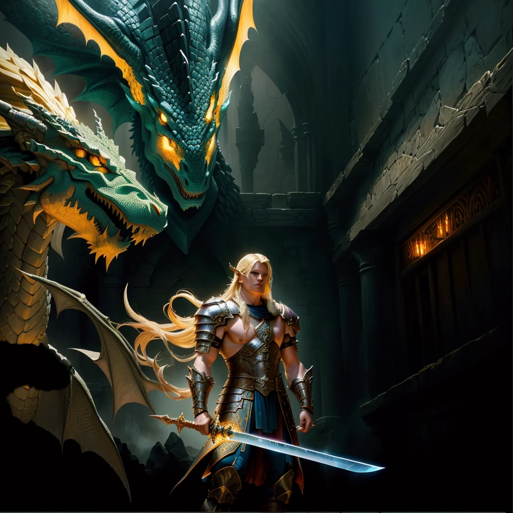 image a man with a sword and a dragon, godrays digital painting, Jeff Easley cinematic, draconian, d & d fantasia pintura digital, strong blond man as a dragon slayer, d & d digital painting, d & d fantasy digital art, Senhor Drachen, dragon slayer, god of dragons, 4k resolution, hyper realist, knightgirl