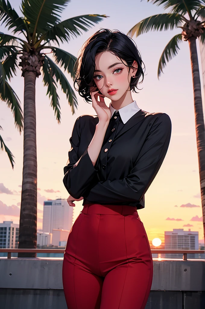 retro girl, short black hair, covering eyes, heterochromia eyes, black suit top, red dress shirt, stright dress pants, Miami, sunset, Ferrari, palm tree,