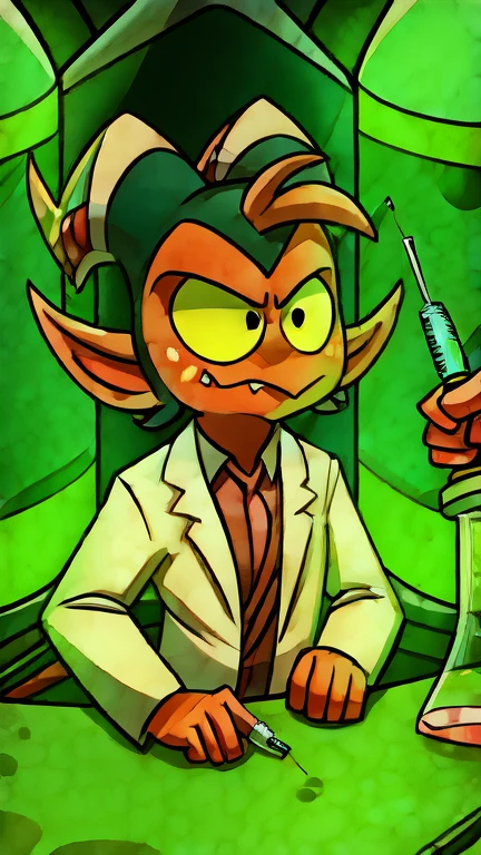 (masterpiece, best quality:1.2), Group of Imp´s, serious face, wearing scientist clothes, loading a syringe, futuristic laboratory background