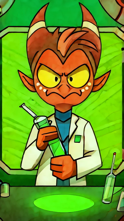 (masterpiece, best quality:1.2), Group of Imp´s, serious face, wearing scientist clothes, loading a syringe, futuristic laboratory background