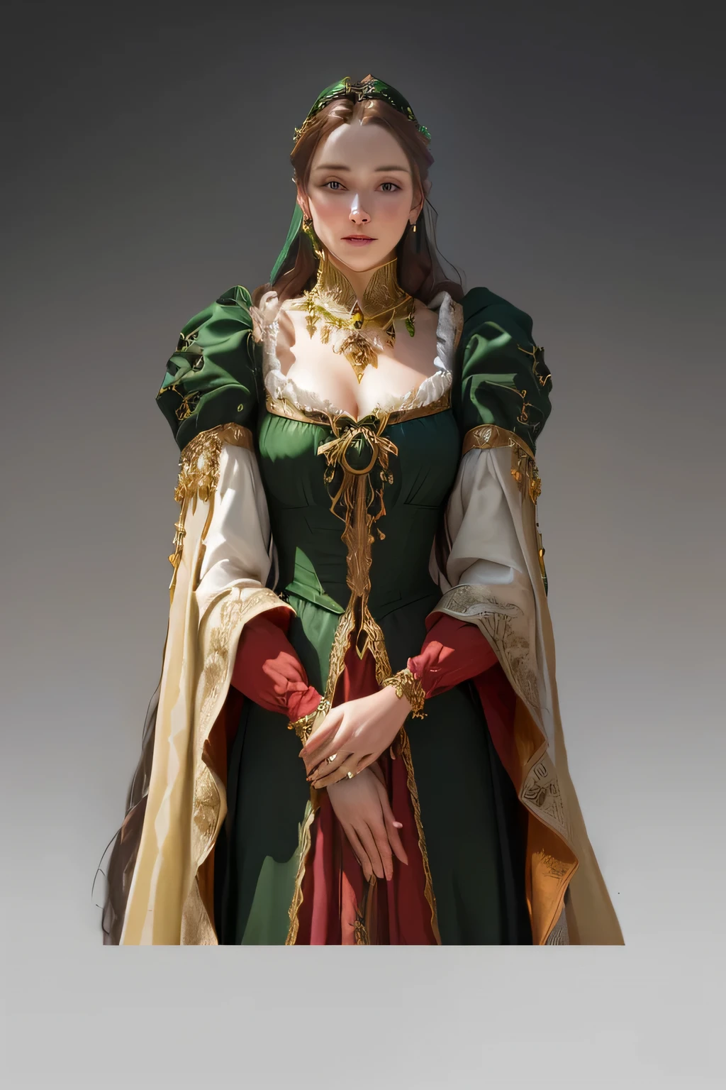 arafed woman in a green dress and gold jewelry, medieval princess, renaissance digital painting, render of mirabel madrigal, very detailed and rich clothing, renaissance era clothing, medieval style, wearing a noblewoman's outfit, in a high renaissance style, renaissance colorful dress, medieval clothes, medieval robes, as a medieval fantasy character, fantasy style clothing