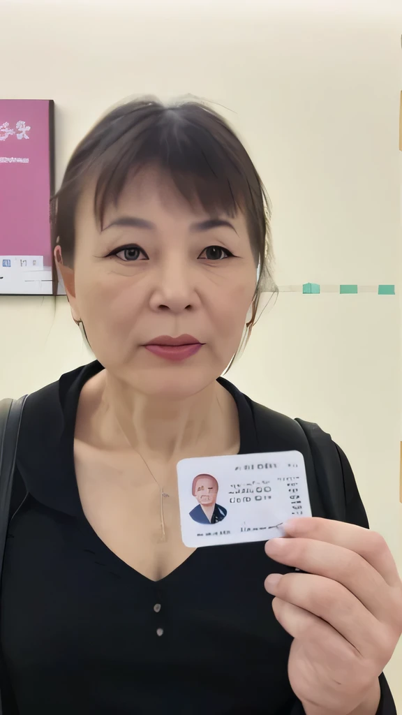 Chinese,Middle-aged woman,Holding ID card in one hand,Stand in front of the wall