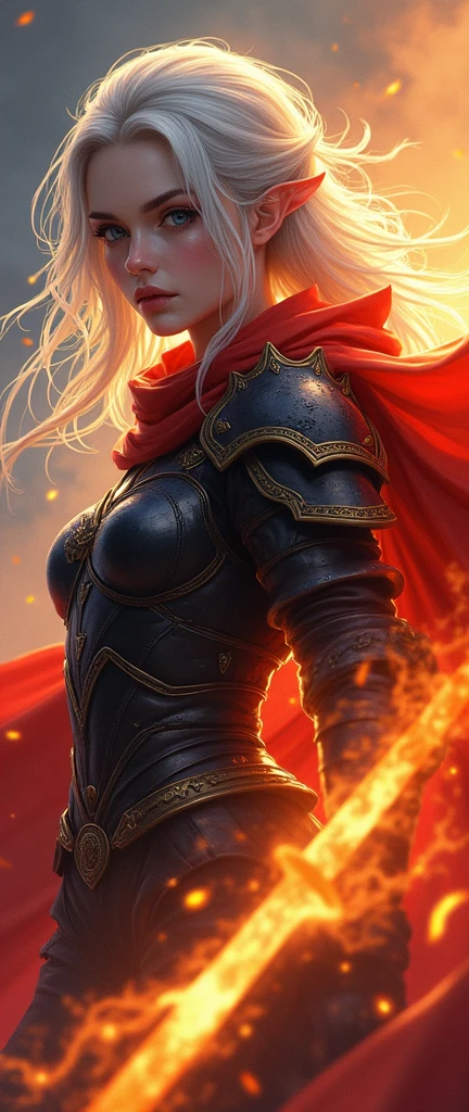 ((Super beautiful illustrations, 8K, masterpiece :1.2, Clear focus :1.2, Depth of Field:1.2)), Beautiful female swordsman, absurd, Highly detailed face and skin textures, Silver Hair, Black Armor, Flame armor, Cloak of flames, A flame-wrapped sword, Wings of Fire, Determination to overcome grief, Your gentle eyes reveal a firm determination , Strong soul
