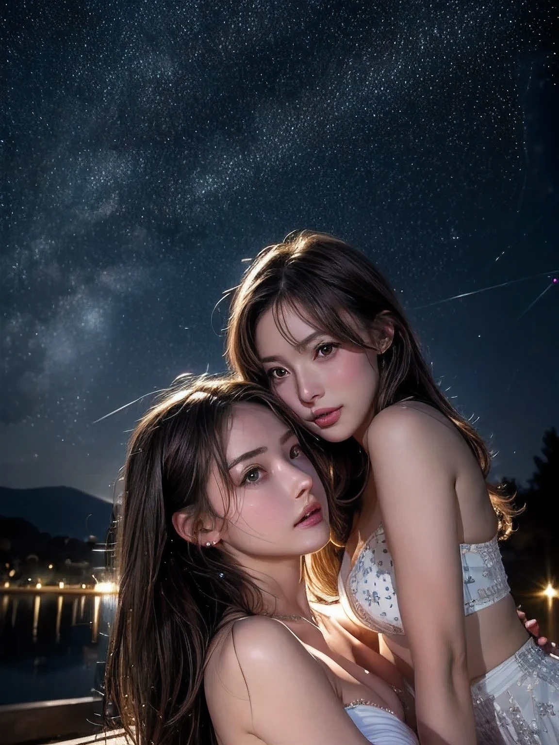 two 16 year old girls, short hair, hugging and kissing, Perfect slim body, small bust, lying on the grass of a hill at night, very starry sky, headlights illuminating, monarch butterflies flying, tender face