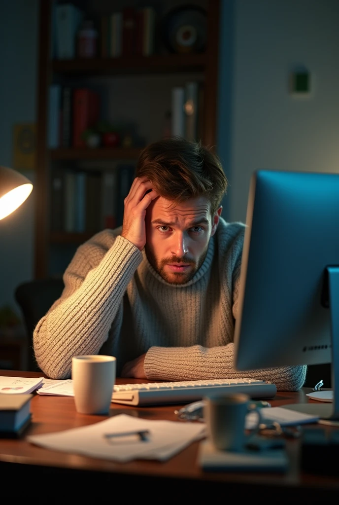 A person sitting at a computer with a confused expression, scratching their head.