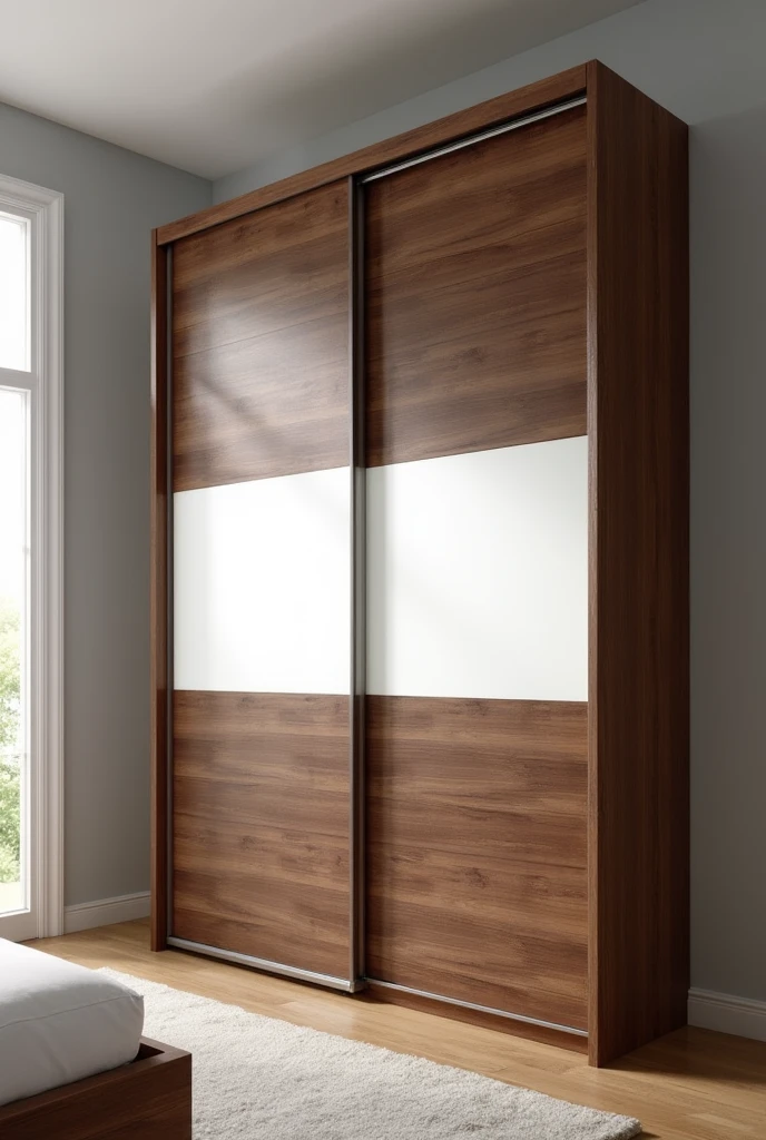 Create a wardrobe sliding two door design with walnut and white combination