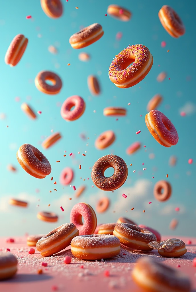 Draw lots of very realistic donuts falling to the ground like a meteor shower 