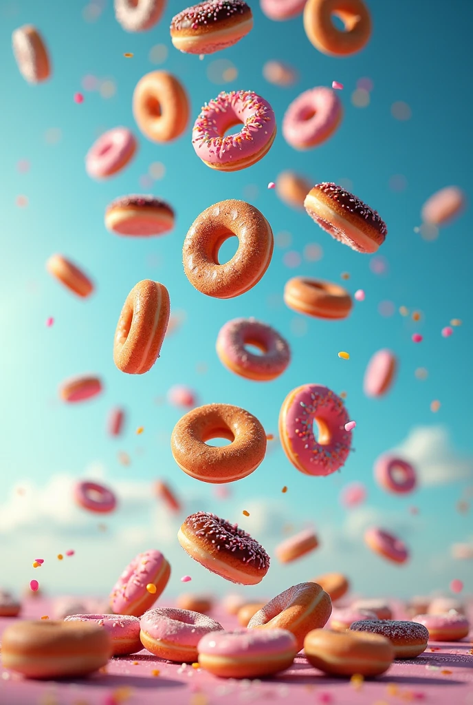 Draw lots of very realistic donuts falling to the ground like a meteor shower