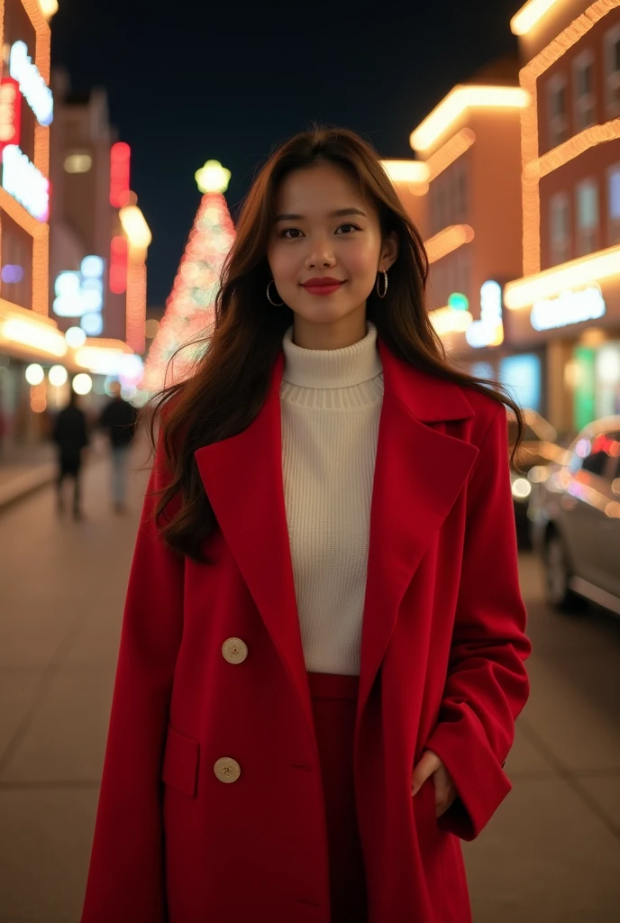 (High quality photo of a beautiful Indonesian woman in a red long coat, white turtleneck sweater and mini skirt), Realistic and beautiful skin texture, Shiny skin, Highly detailed face, Detailed eyes, Shiny lips, Looking at the viewer, Smile, Perfect body beauty, Slim stomach, (Night, Street, Party atmosphere: 1.2), Christmas tree, (Best Quality, very good, very detailed, High resolution, Photorealistic, Raw photo, no nonsense, absolute resolution: 1.4),