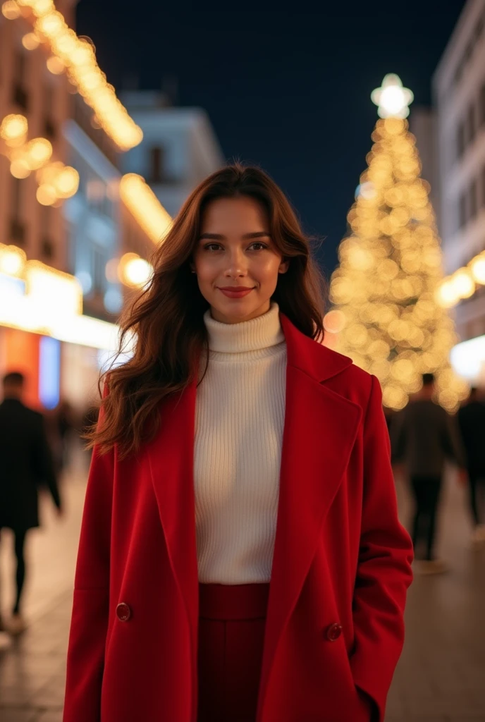 (High quality photo of a beautiful Indonesian woman in a red long coat, white turtleneck sweater and mini skirt), Realistic and beautiful skin texture, Shiny skin, Highly detailed face, Detailed eyes, Shiny lips, Looking at the viewer, Smile, Perfect body beauty, Slim stomach, (Night, Street, Party atmosphere: 1.2), Christmas tree, (Best Quality, very good, very detailed, High resolution, Photorealistic, Raw photo, no nonsense, absolute resolution: 1.4),