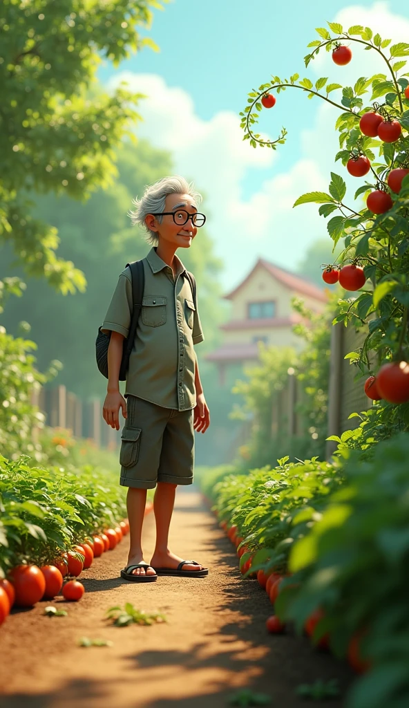 Mr. Tu is a 60 year old man., height 70m .skinny with gray hair, usually wears old gray shirt and flip flops. 
Mr. Tu discovered a strange string.: One morning, when going out to the garden to check the tomato plants, Mr. Tu discovered an unusually long tomato vine., wrapped around the garden. 3d animation 