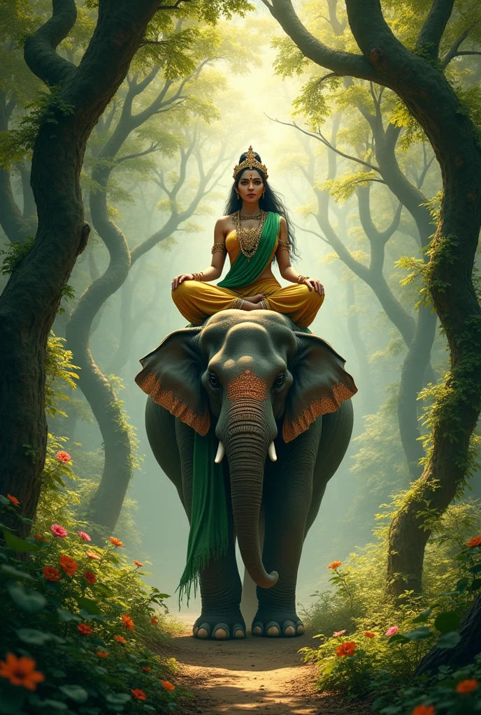 One godess image who sit on elephant and elephant sit in forest 
