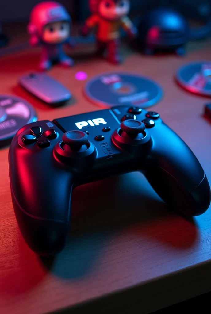 A black gaming controller with PIR name on it. 