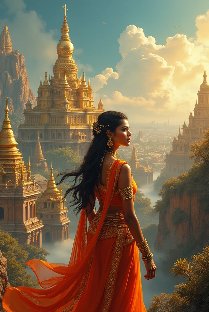 To the side, add a detailed depiction of the golden city of Lanka with towering palaces, symbolizing the abode of the demon king Ravana. The foreground should subtly include an image of Sita, symbolizing her capture and subsequent rescue. Use vibrant colors to highlight the divine and heroic nature of the characters, and include traditional Indian artistic elements to enhance the cultural context of the scene.*

This prompt should guide the creation of an