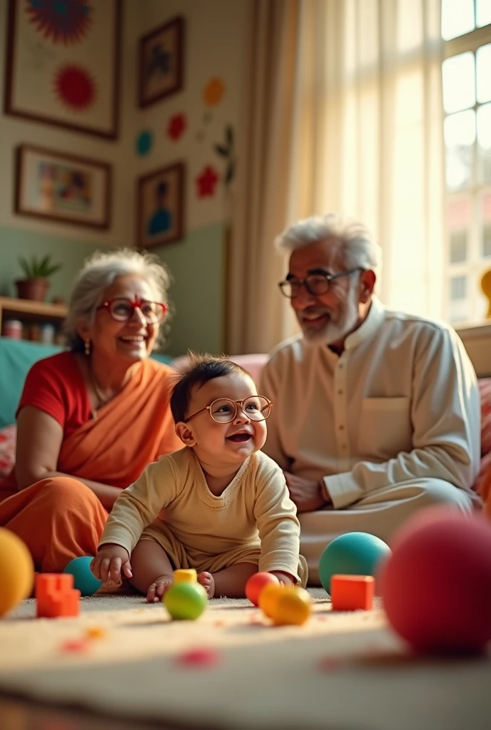 Generate a realistic image of a  with glasses playing with Indian grandparents of the theme of "the right to see".