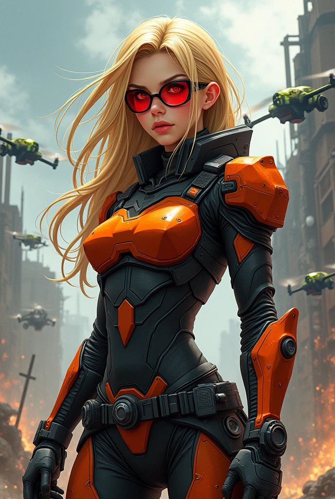 Create a War Captain Girl, with long, messy blonde hair, red eyes and low red glasses, murder drones style