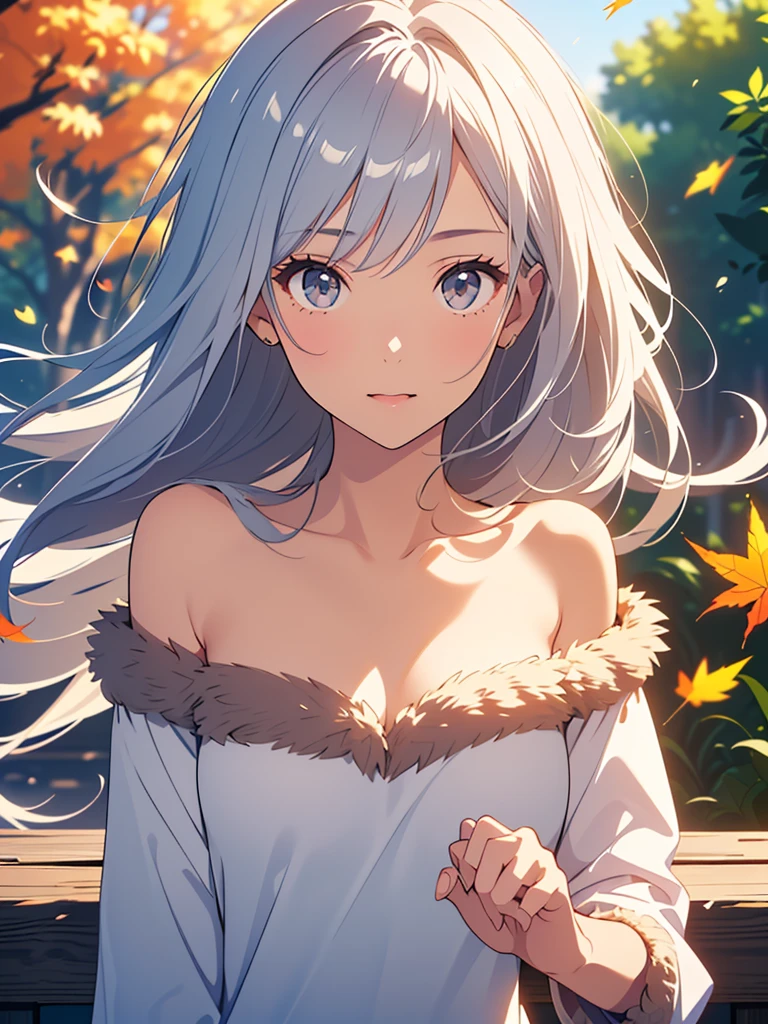 ((masterpiece:1.5、8k、Portraiture、Very detailedなCG、Very detailed、Particle Effects、Dynamic Effects、Shallow depth of field、Cinematic Light、Lens flare、Ray Tracing、Tabletop、超A high resolution:1.2、2.5D illustration))((alone、,Woman wearing an off-the-shoulder fur sweater:1.4、Elegant woman posing、Detailed face、brightexpression、young, bright, Whiter skin、Ample breasts、Best Looks、Ultimate beauty、Shiny silver hair with highlights、bright and shiny hair,、Super long, Silky straight hair、Hair dancing in the wind))(A tree of light stretching to the sky、Shiny leaves fall、Morning Dew、It&#39;s shining brightly)
