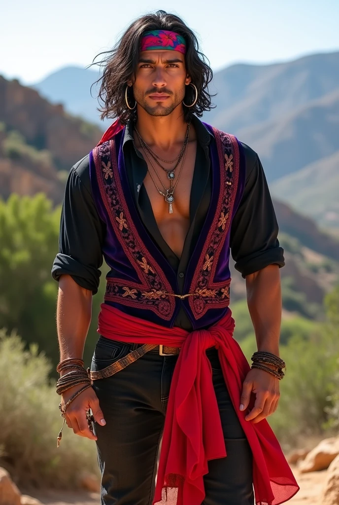 Create the image of a gypsy from the Andalusia region, with an extremely handsome appearance and an incredibly muscular physique. He has a strong and imposing presence, with tanned skin and striking facial features, like a defined jawline and dark, piercing eyes that exude intensity. Your hair is long, dark and slightly wavy, falling to his shoulders. He is dressed in traditional gypsy attire, with a tight shirt made of light fabric in shades of black, partially open to reveal his muscular torso. About the shirt, he wears a richly decorated purple velvet waistcoat, and a vibrant red sash tied around the waist. Dark pants and leather boots complete your look.. Include accessories such as leather bracelets, a scarf tied around the head and hoop earrings. The background may suggest an Andalusian landscape, with mountains and Mediterranean vegetation in the background, highlighting its cultural roots."