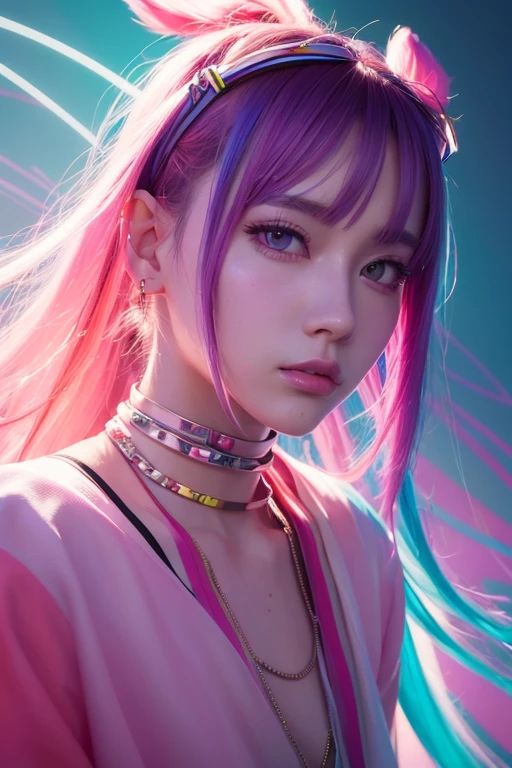 Close-up of a person wearing a headband, Digital Art inspired by Yanjun Cheng, tumbler, Digital Art, Vibrant fan art, Portrait of Rofi, Gweiz-style artwork, Neo Vaporwave, Colorful digital painting, Cyber aesthetics, K-Pop Idol Portraits, Yanjun Chent, Digital anime illustration, NFT Portrait, Digital Cyberpunk Anime Art.